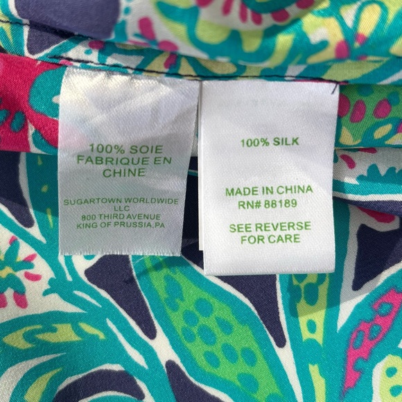 💚 Lilly Pulitzer Green Pink Floral Silk Button Blouse, Flowy XS Like New 💚 - Picture 4 of 16